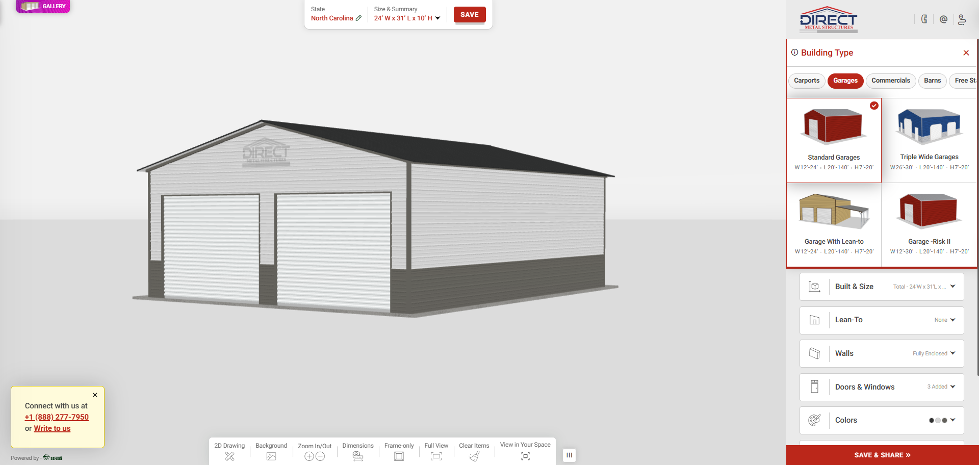 3D estimator showing garage building type options