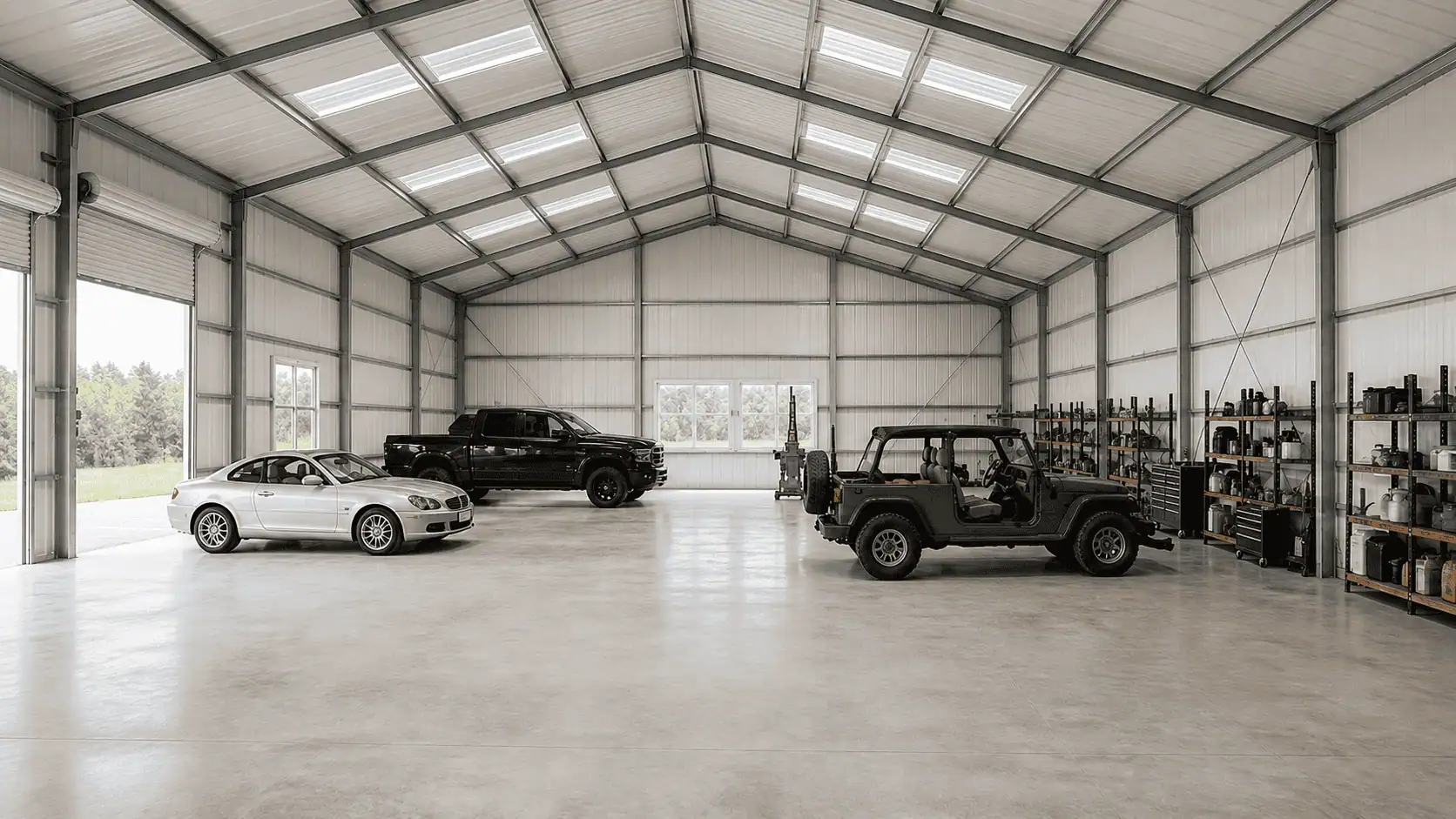 Spacious steel workshop interior with vehicles and organized equipment