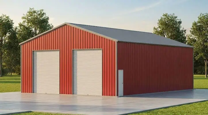 Barn Red 40 by 60 metal building with two front roll-up doors and a right-side walk-in door