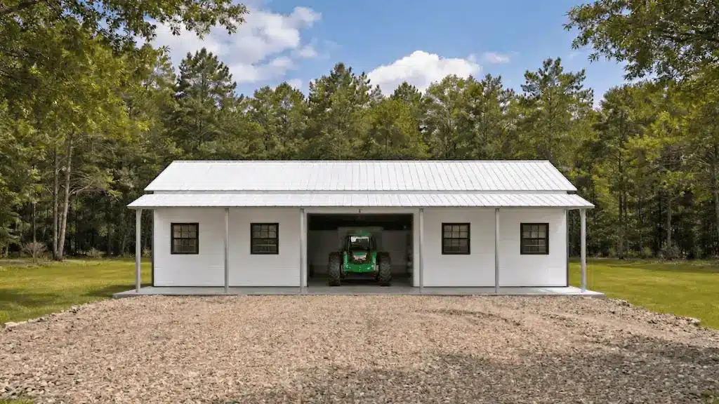 30x40 garage with an 8x40 left lean-to and multiple windows