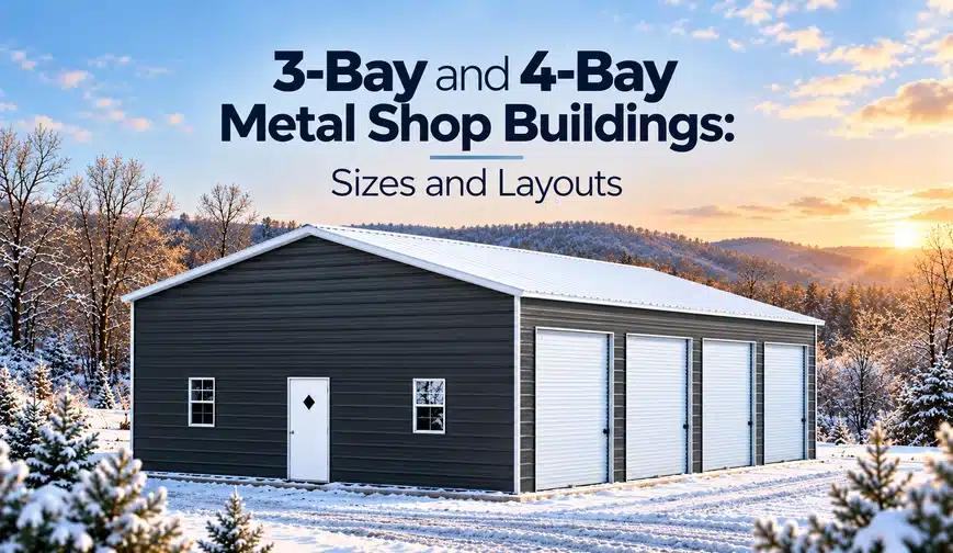 Dark gray four-bay metal shop building with white roll-up doors in a snowy landscape, beneath a 3-bay and 4-bay shop layout guide headline.